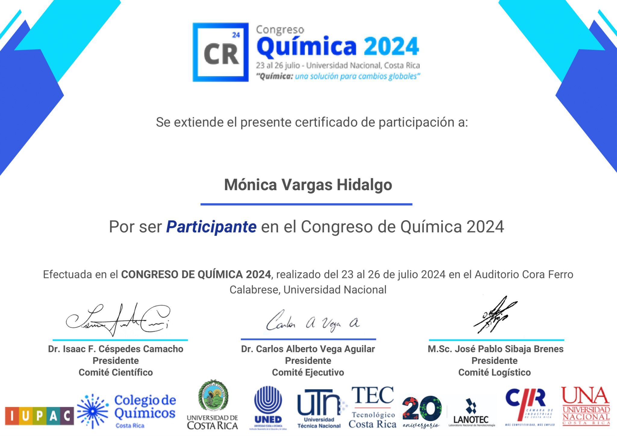 Certificado de Participante en el Congreso de Química 2024